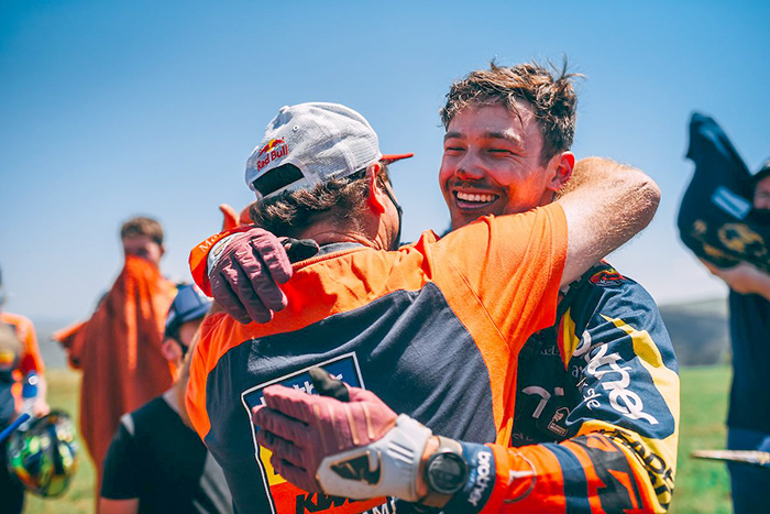 Alfie Cox celebrates as his son Bradley storms to the OR3 National title. 